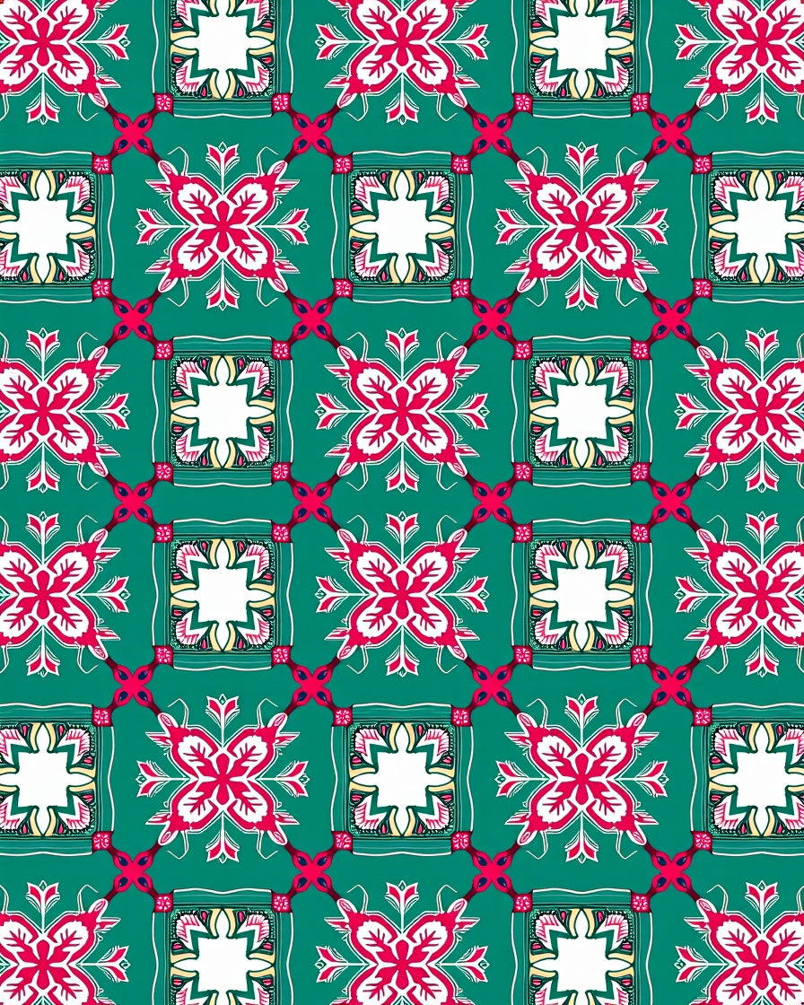 Teal Red White Floral Medallion Tile Rug