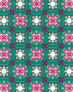 Teal Red White Floral Medallion Tile Rug