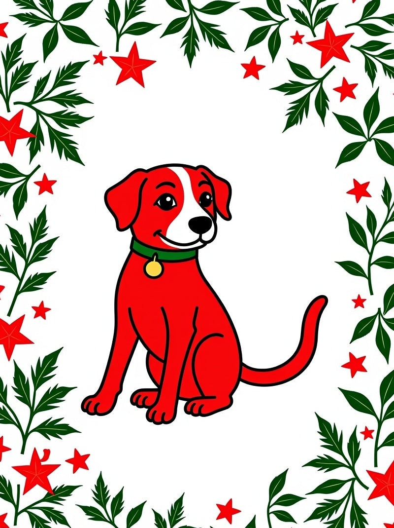 Red Dog with Green Foliage and Stars Rug