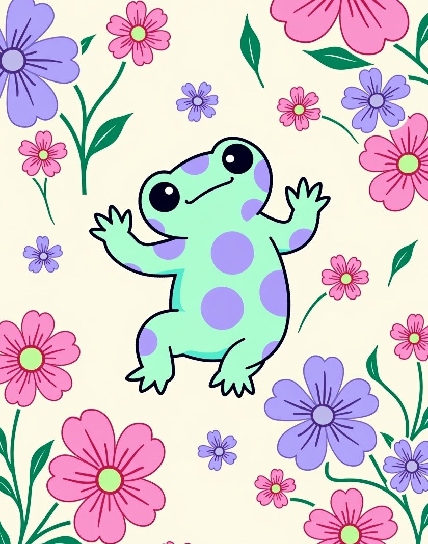Playful Frog Surrounded by Pink Flowers Rug