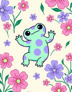Playful Frog Surrounded by Pink Flowers Rug