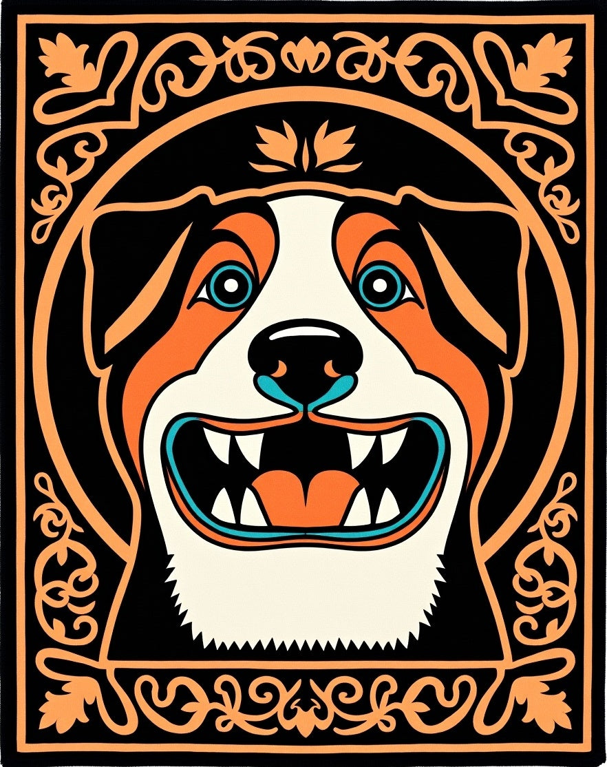 Bright Orange Dog Face Bordered Rug