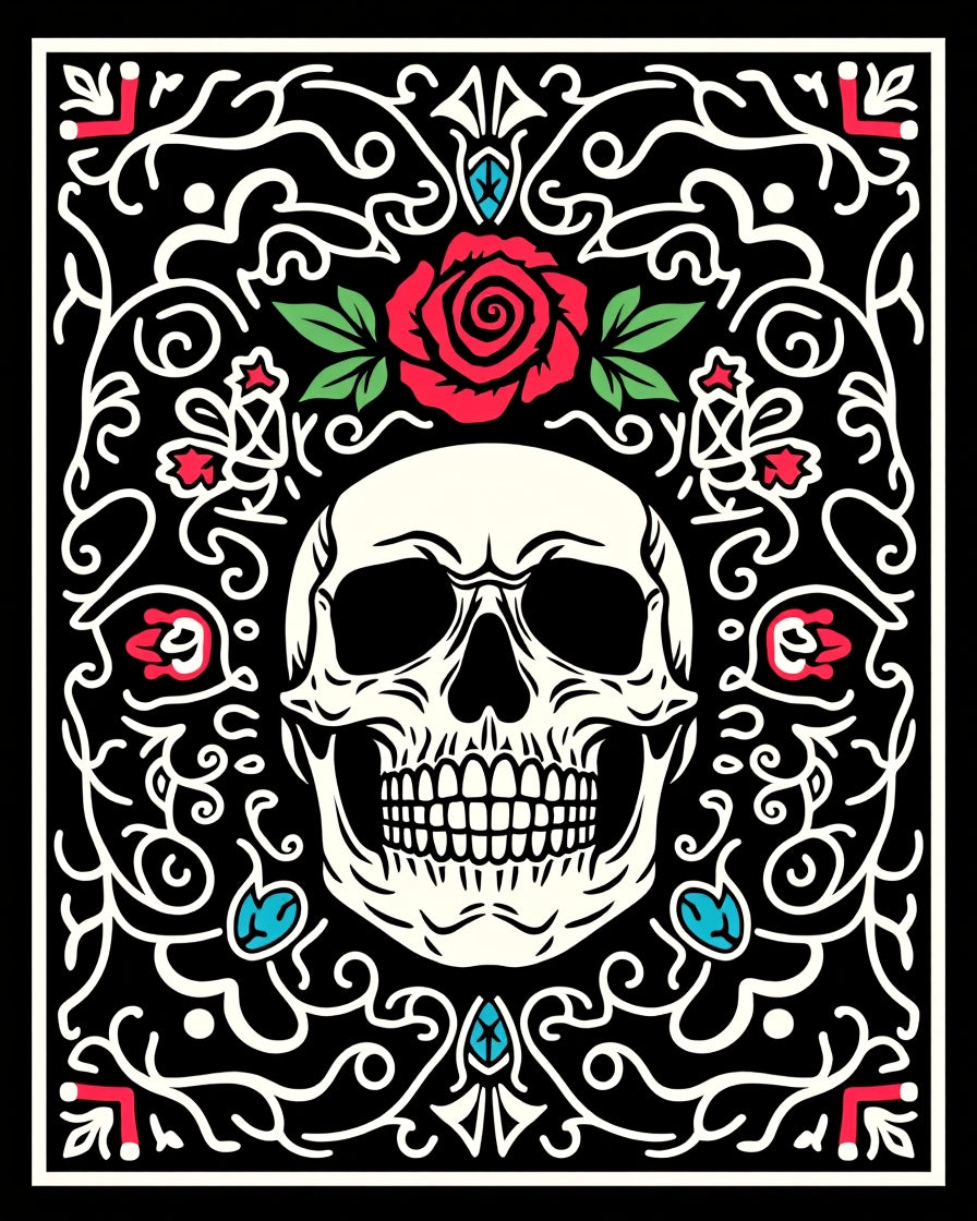 Red Rose Skull Black Vine Arrangement Rug