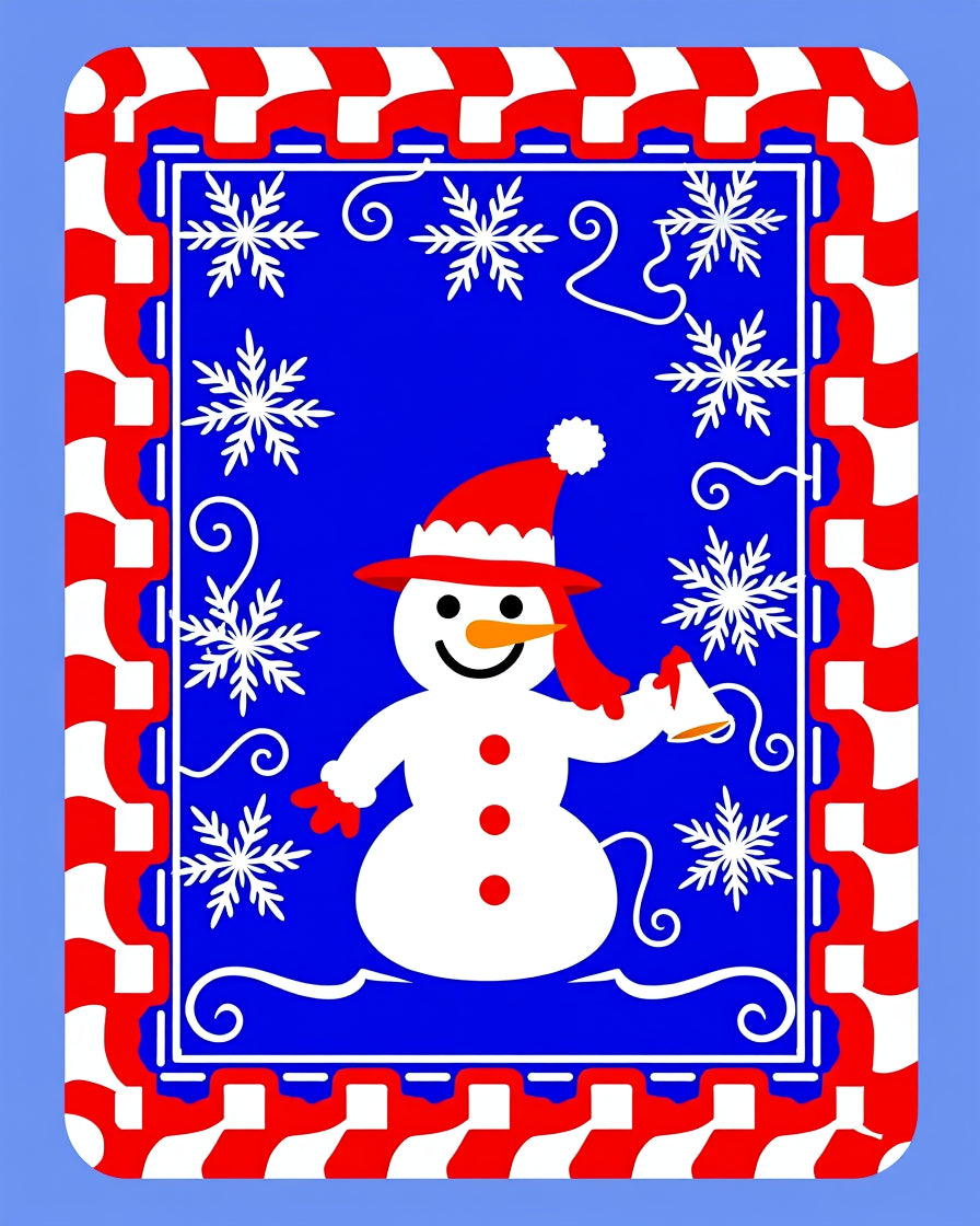 Playful Snowman Red Snowflake Border Rug