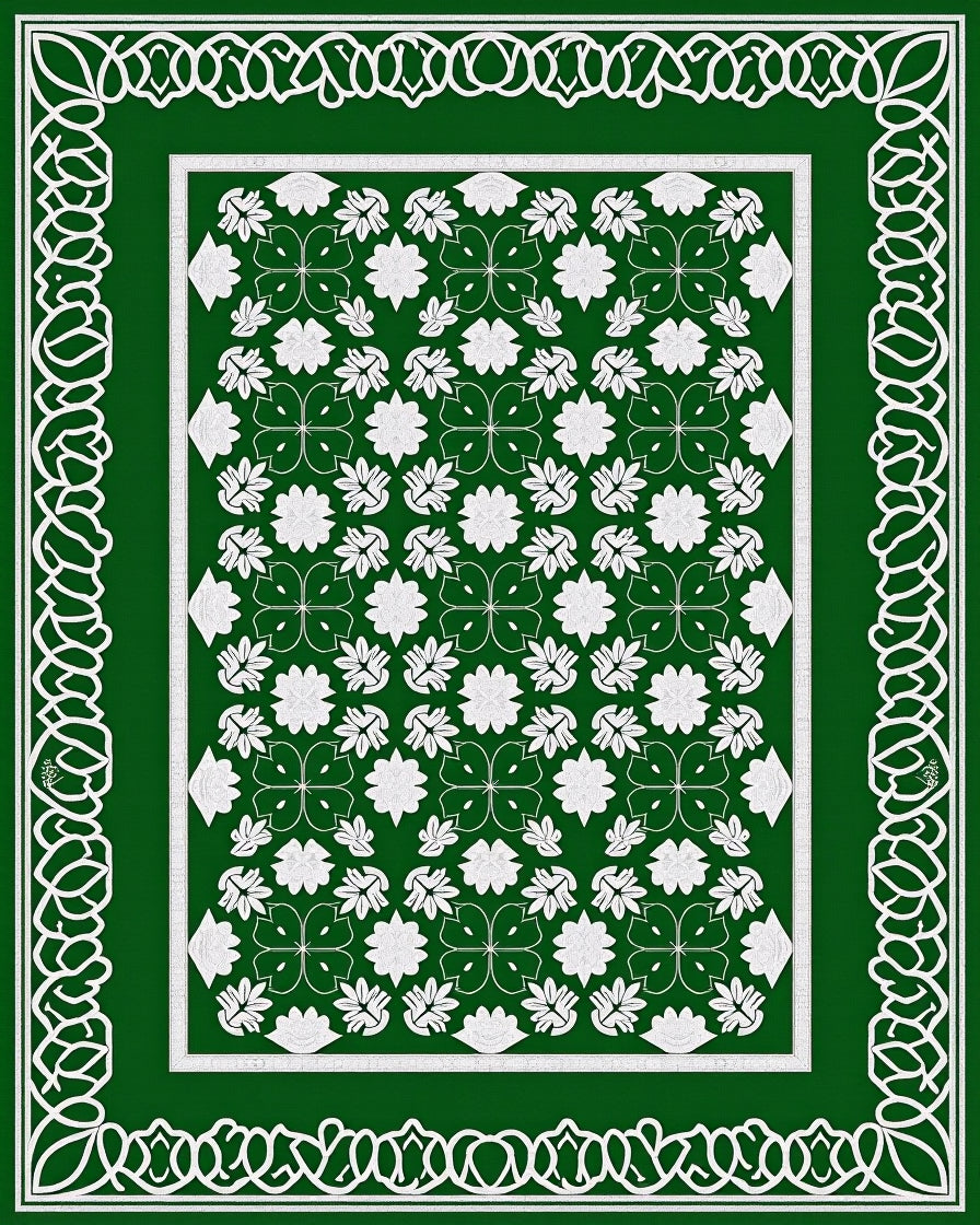 Emerald Green White Floral Lattice Border Rug