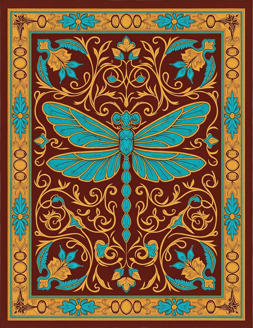 Ornate Teal Dragonfly Floral Medallion Rug