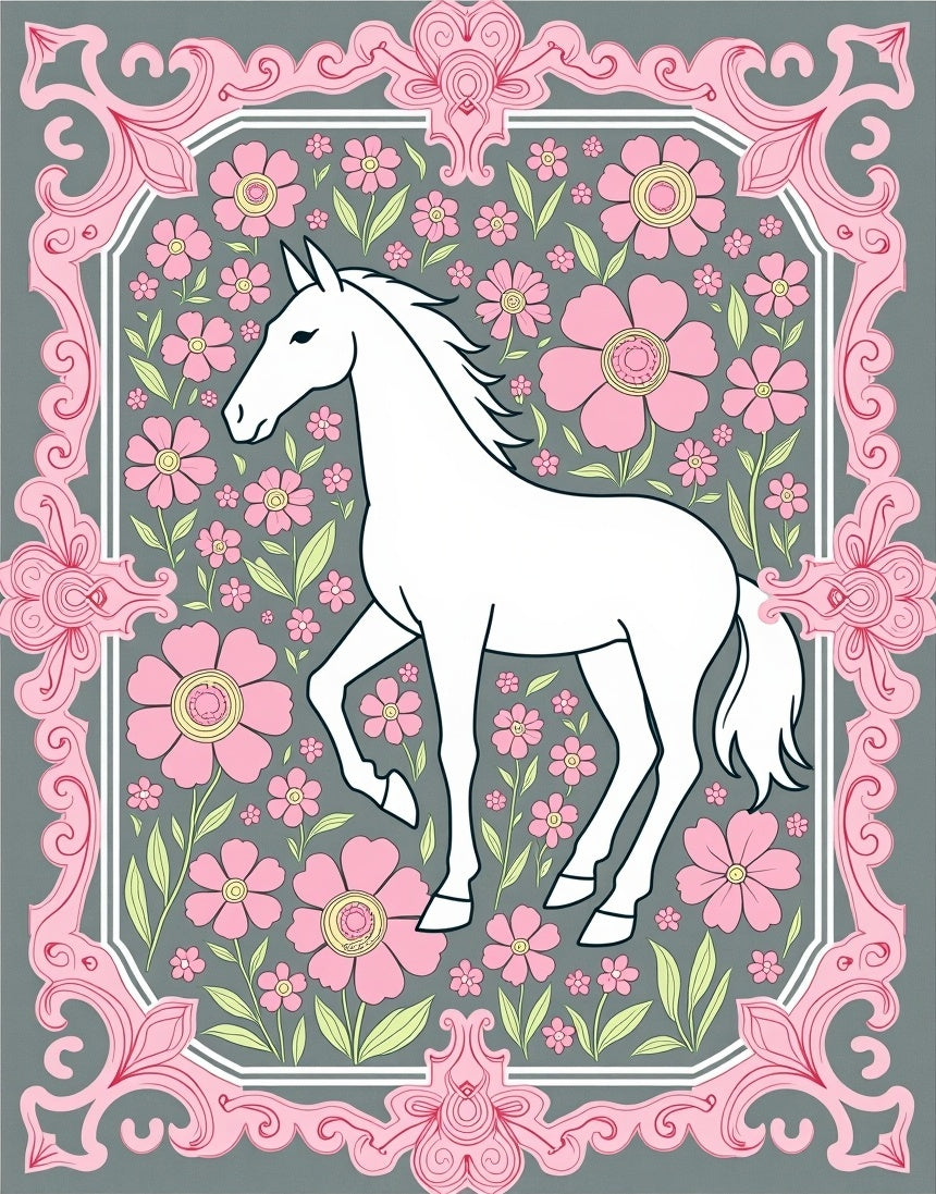 White Horse Pink Floral Garden Frame Rug