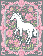 White Horse Pink Floral Garden Frame Rug