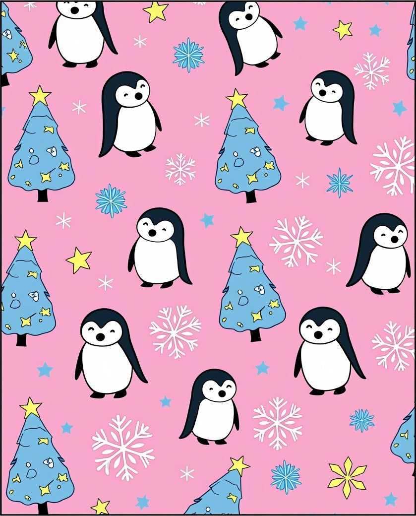 Cute Pink Penguin Christmas Tree Snowflakes Rug