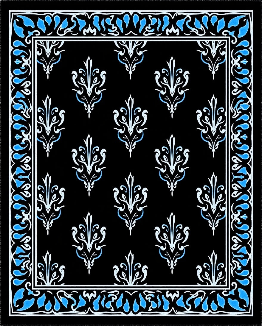 Black White Blue Floral Medallion Border Rug