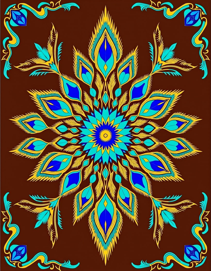 Symmetrical Blue Yellow Feather Medallion Rug