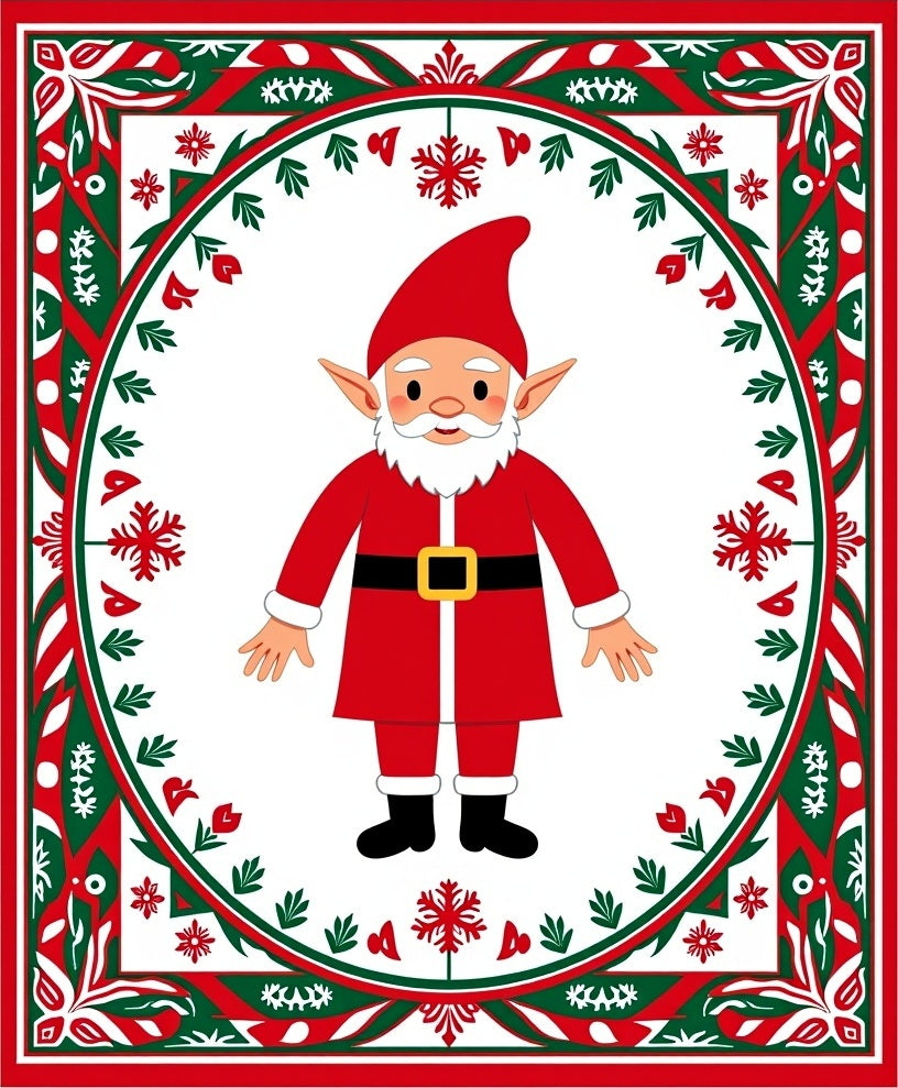 Festive Red Green Gnome Snowflake Border Rug