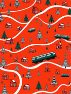 Red Christmas Village Train Landscape Rug