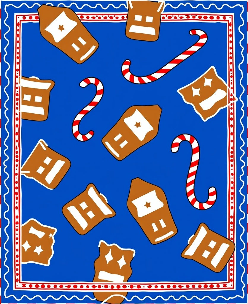 Blue Gingerbread House and Candy Cane Rug
