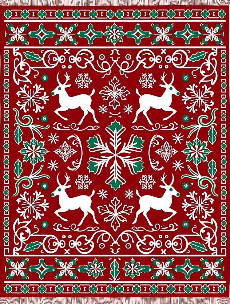 Red Festive Reindeer Snowflakes Border Rug