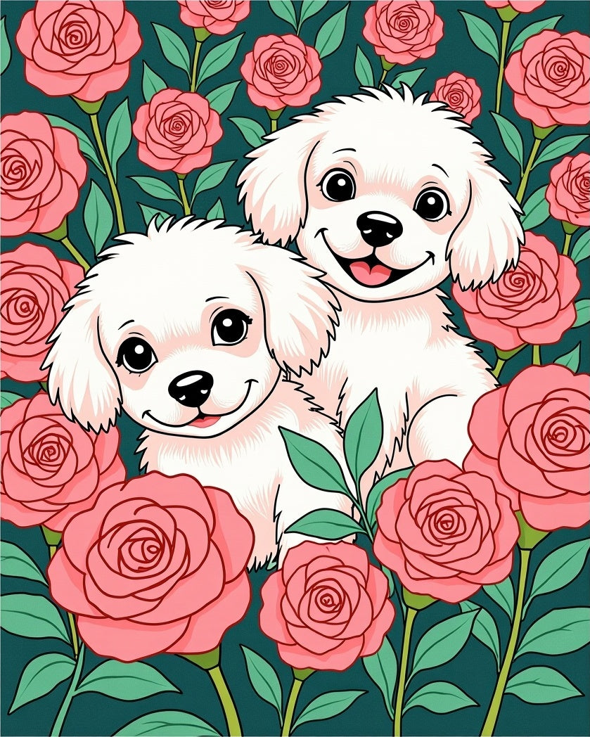 Happy Puppies Pink Rose Garden Rug