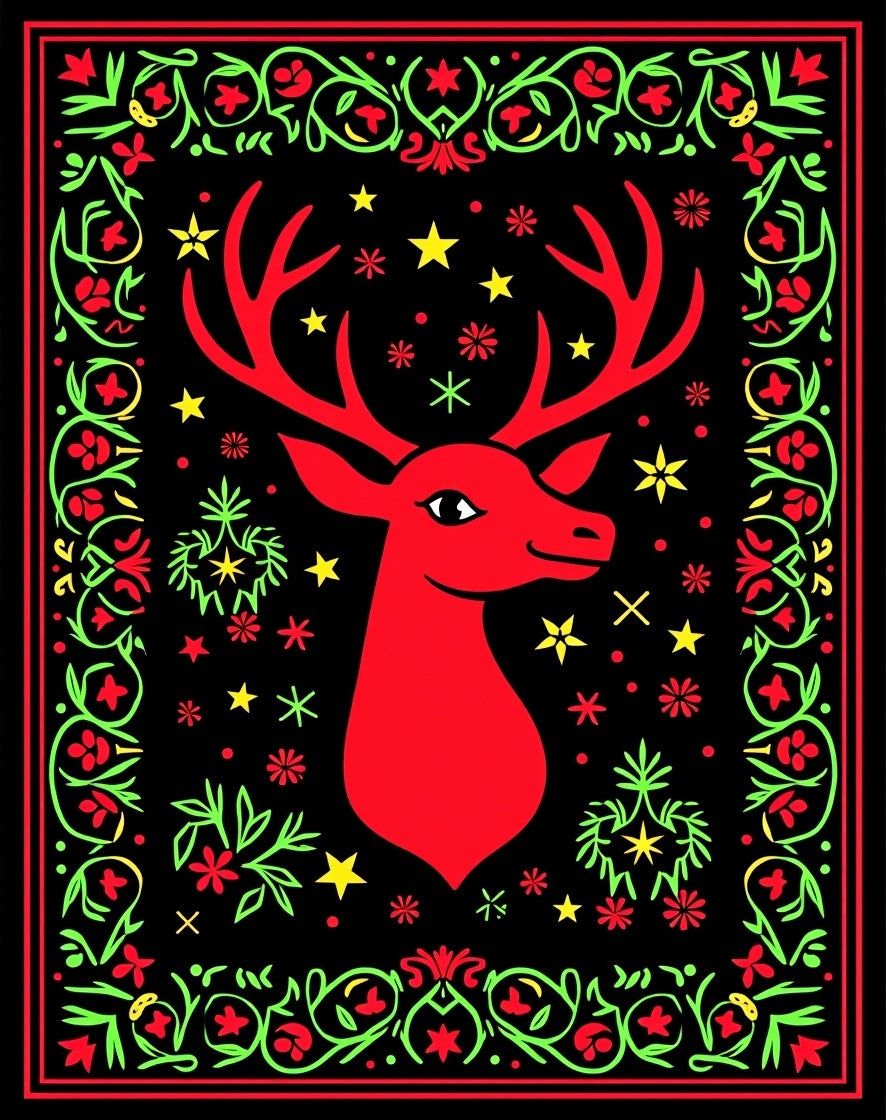 Red Deer And Star Floral Border Rug