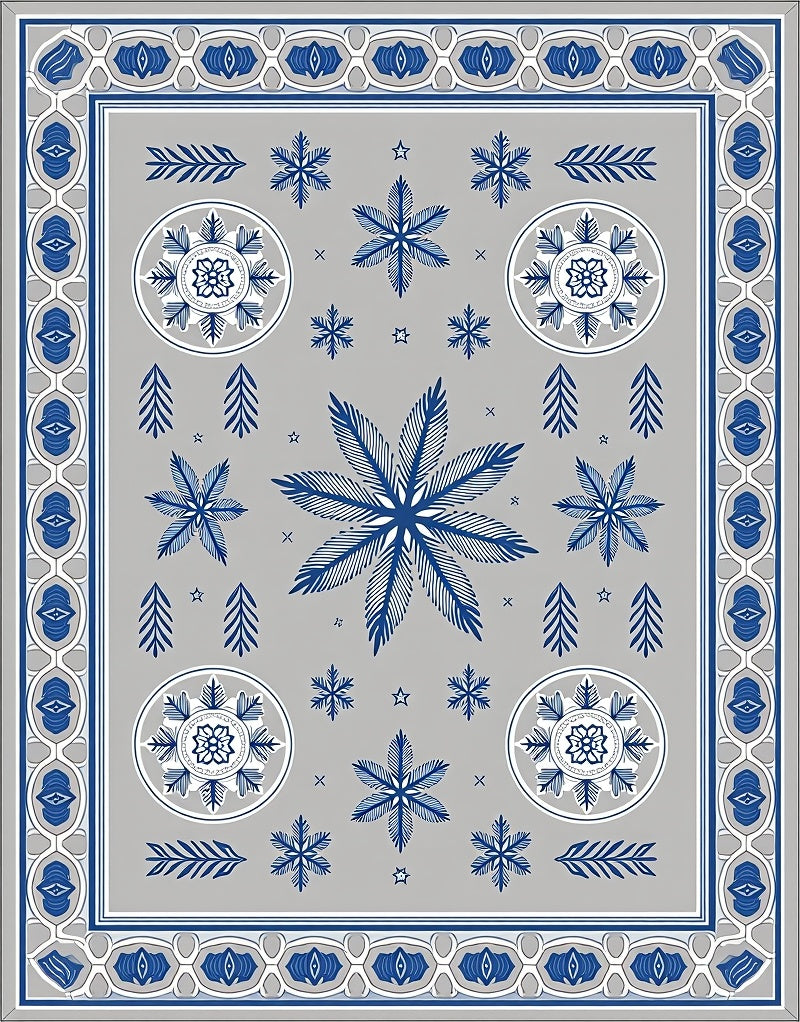 Gray Blue Snowflake Medallion Border Rug