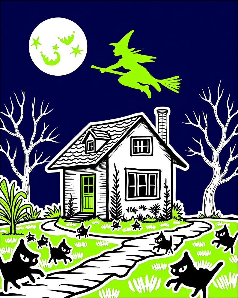 Nighttime Witch and Black Cat House Scene Rug