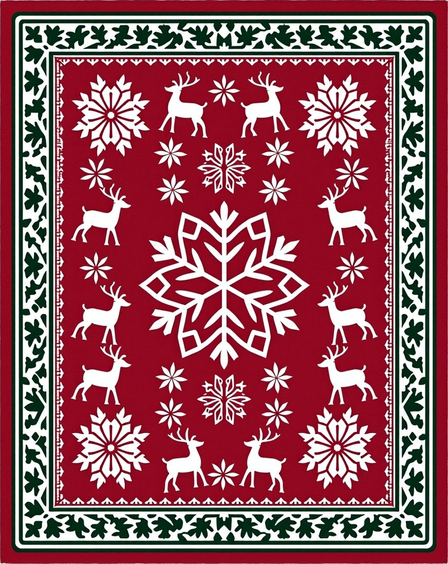Red Yuletide Reindeer Snow Flake Collage Rug