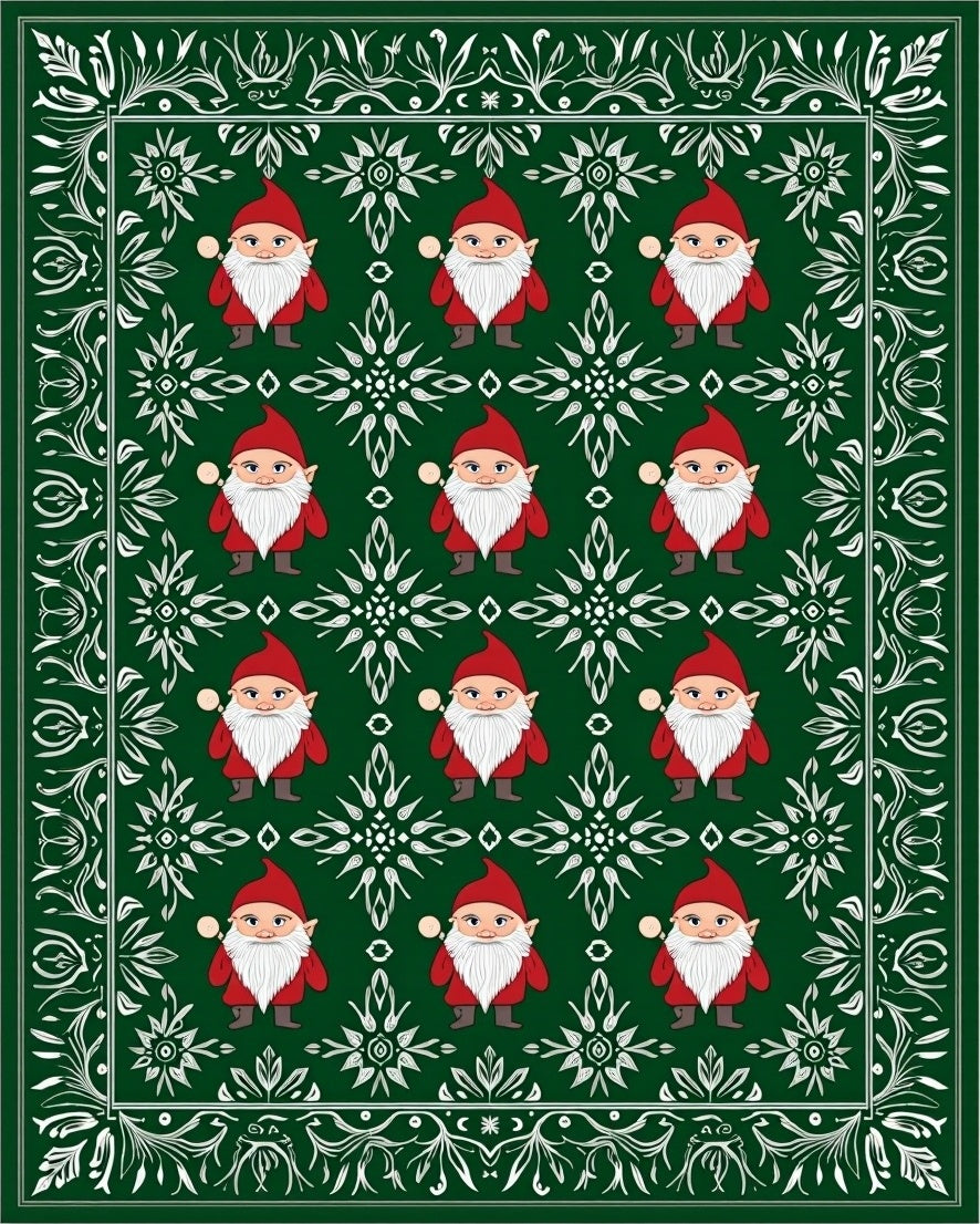 Green Gnome Red Hat Snowflake Medallion Rug