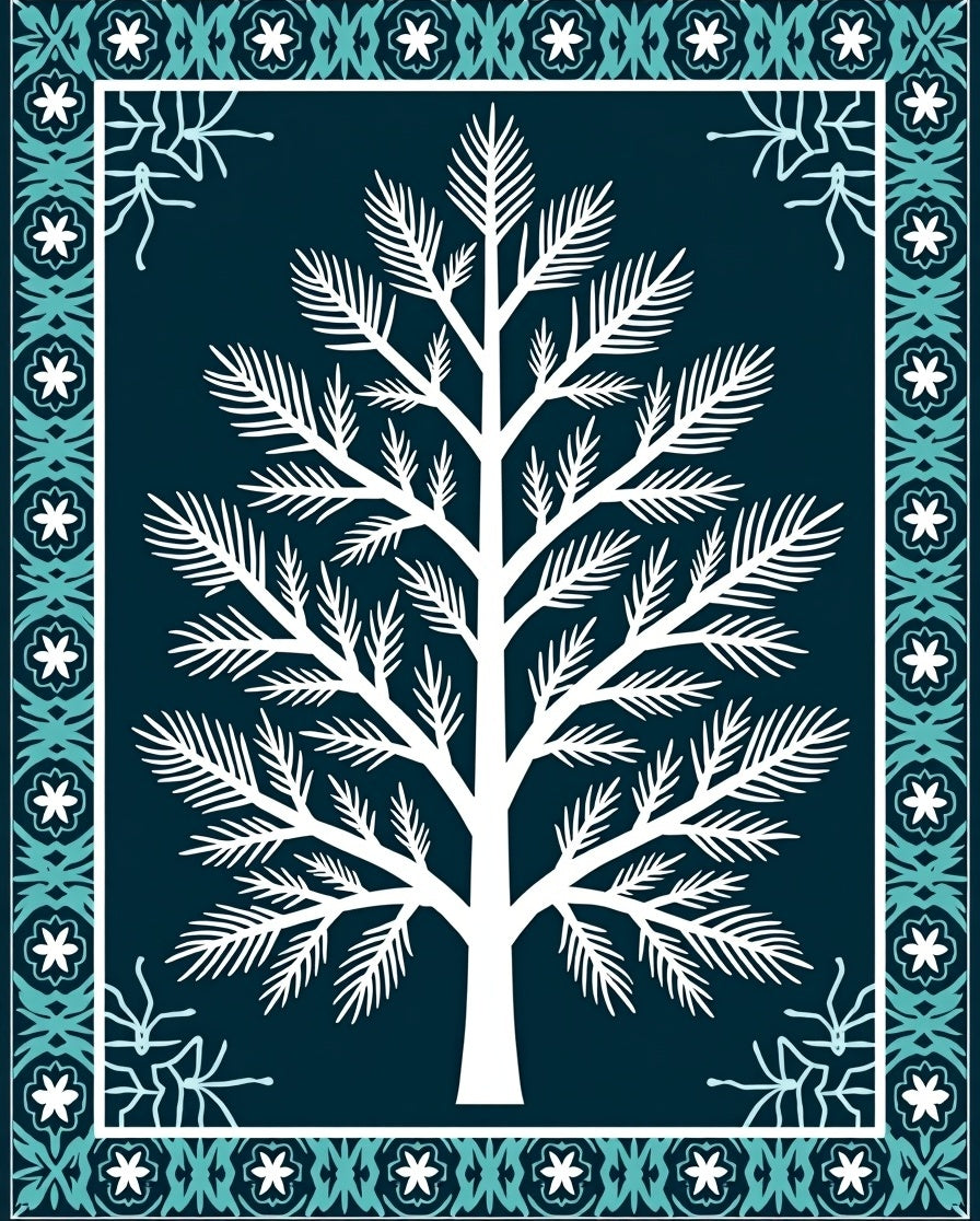 White Evergreen Tree Teal Border Rug