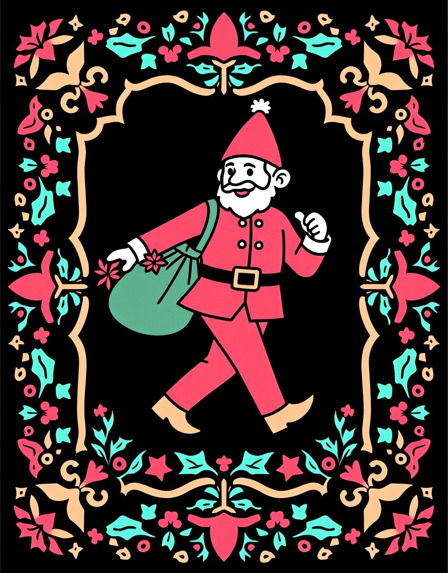Crimson Gnome With Teal Floral Border Rug