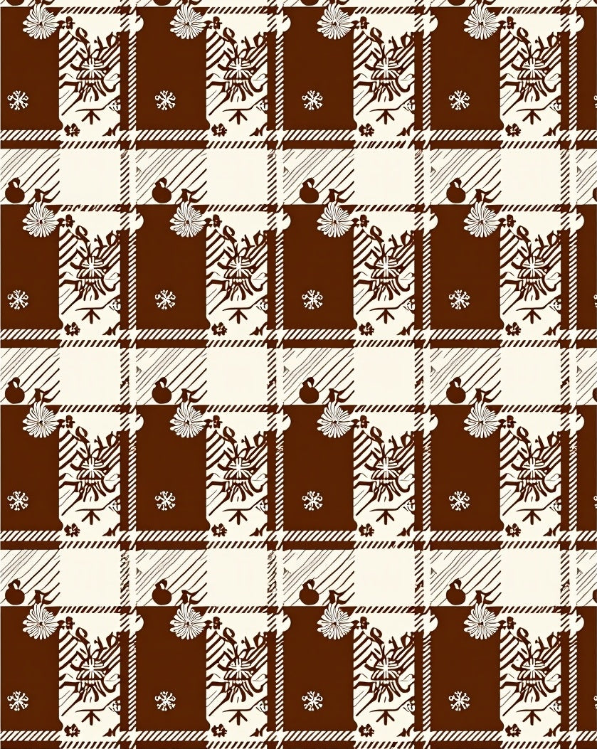 Chocolate Brown Ivory Plaid Floral Motif Rug