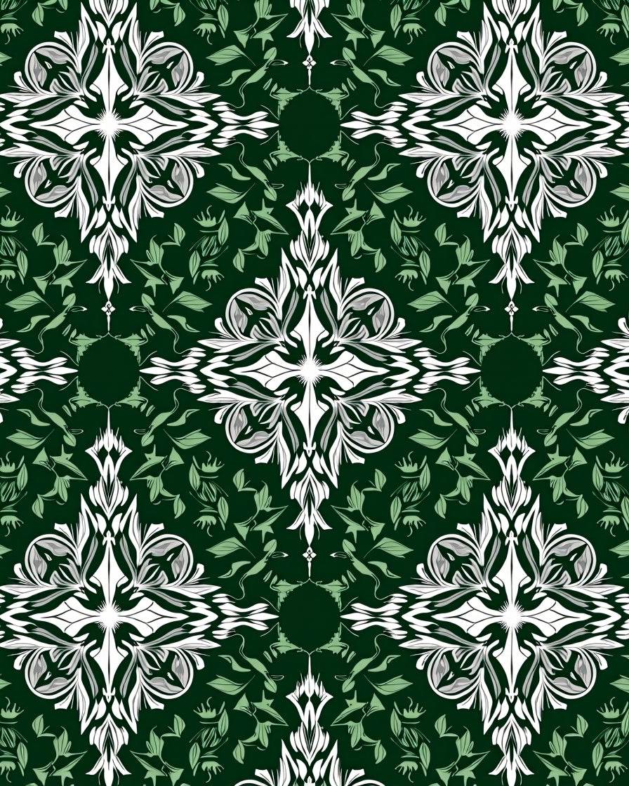 Dark Green White Floral Damask Rug