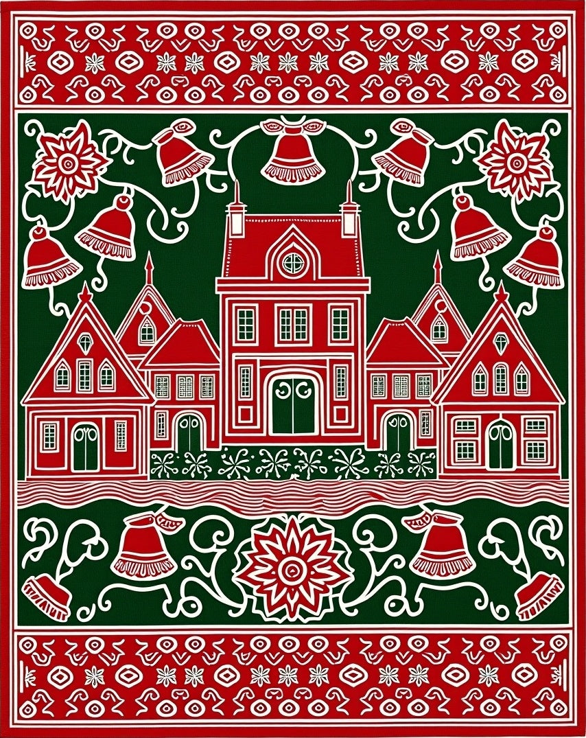 Red White Village Christmas Bells Rug