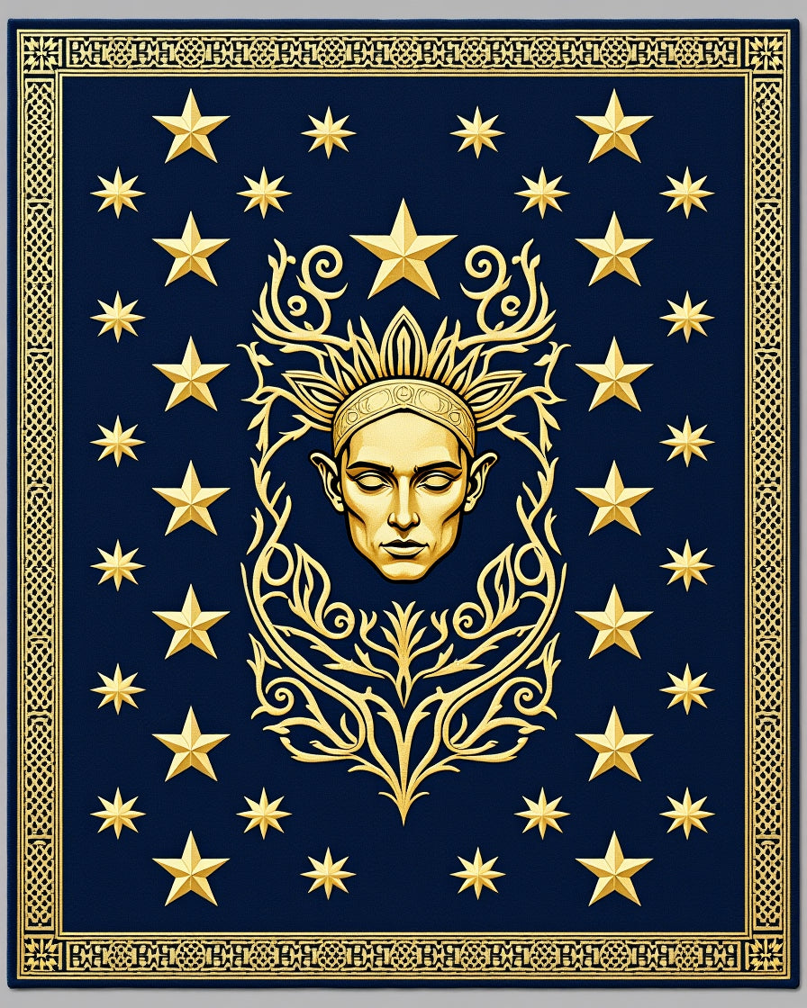 Golden Celestial Face Stars Border Rug