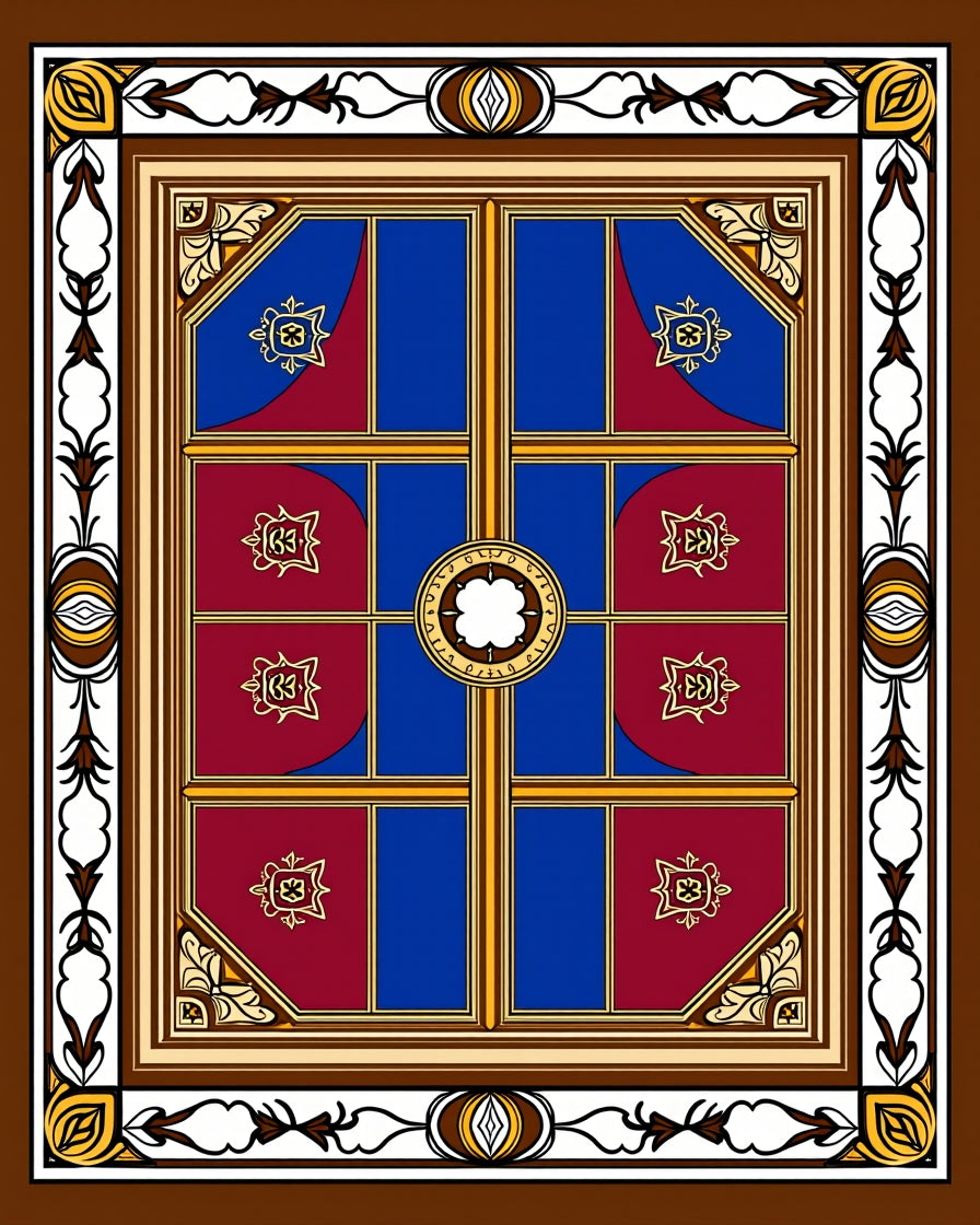 Burgundy Blue Golden Window Pane Medallion Rug