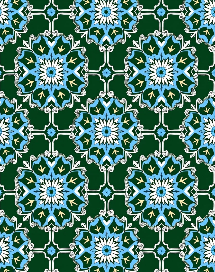 Emerald Blue White Floral Medallion Rug