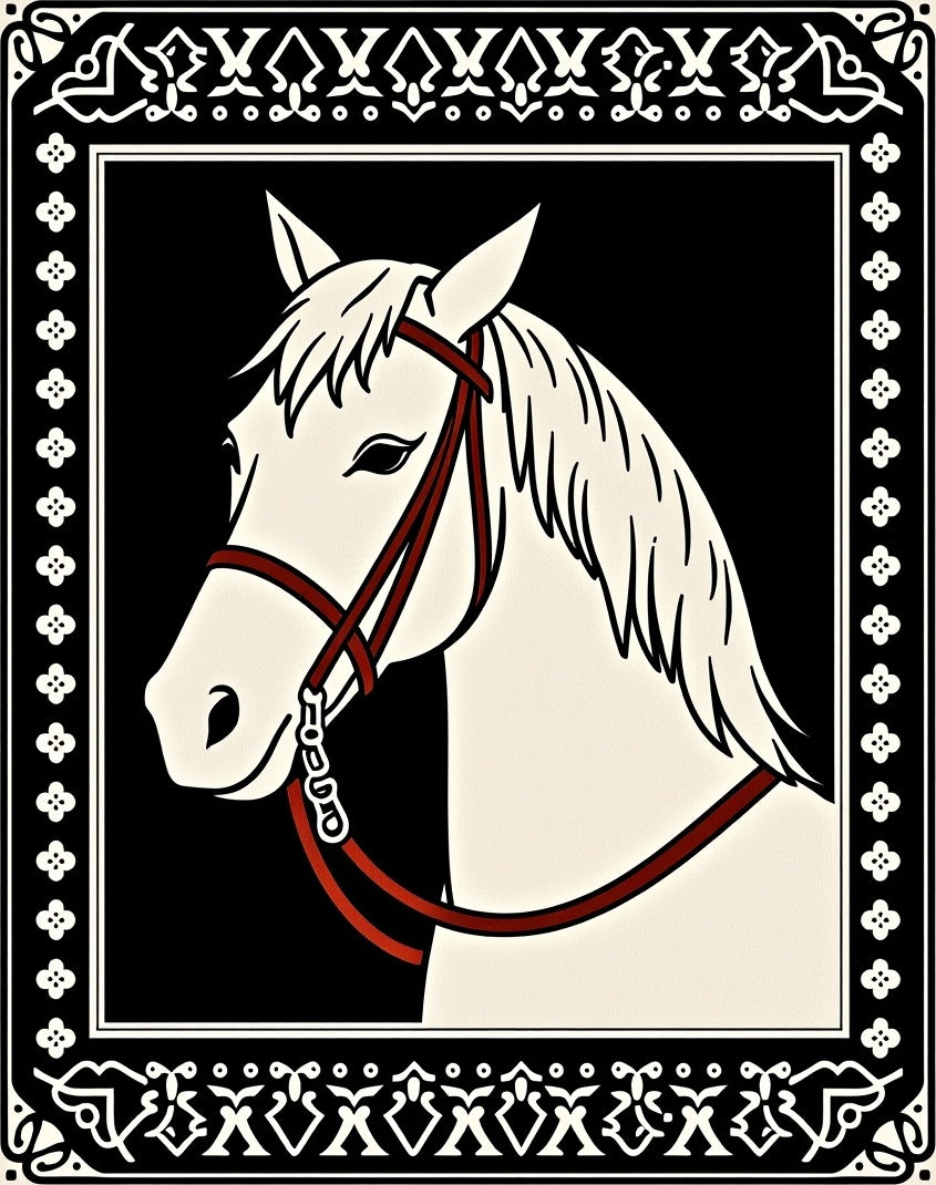 Elegant White Horse Black Border Rug