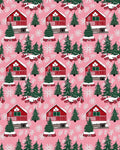 Pink Snowfall Cabin Christmas Trees Rug