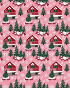 Pink Snowfall Cabin Christmas Trees Rug