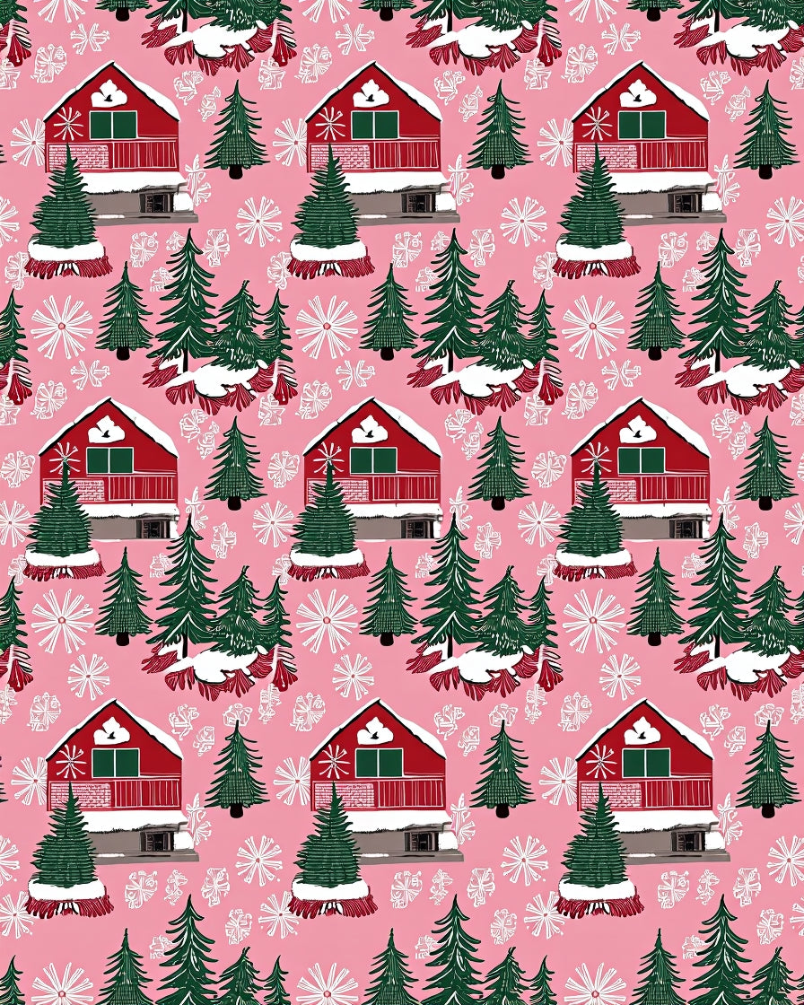 Pink Snowfall Cabin Christmas Trees Rug