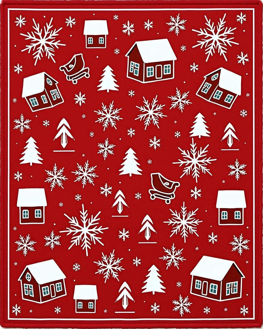 Cozy Red Christmas Village Snowflakes Rug