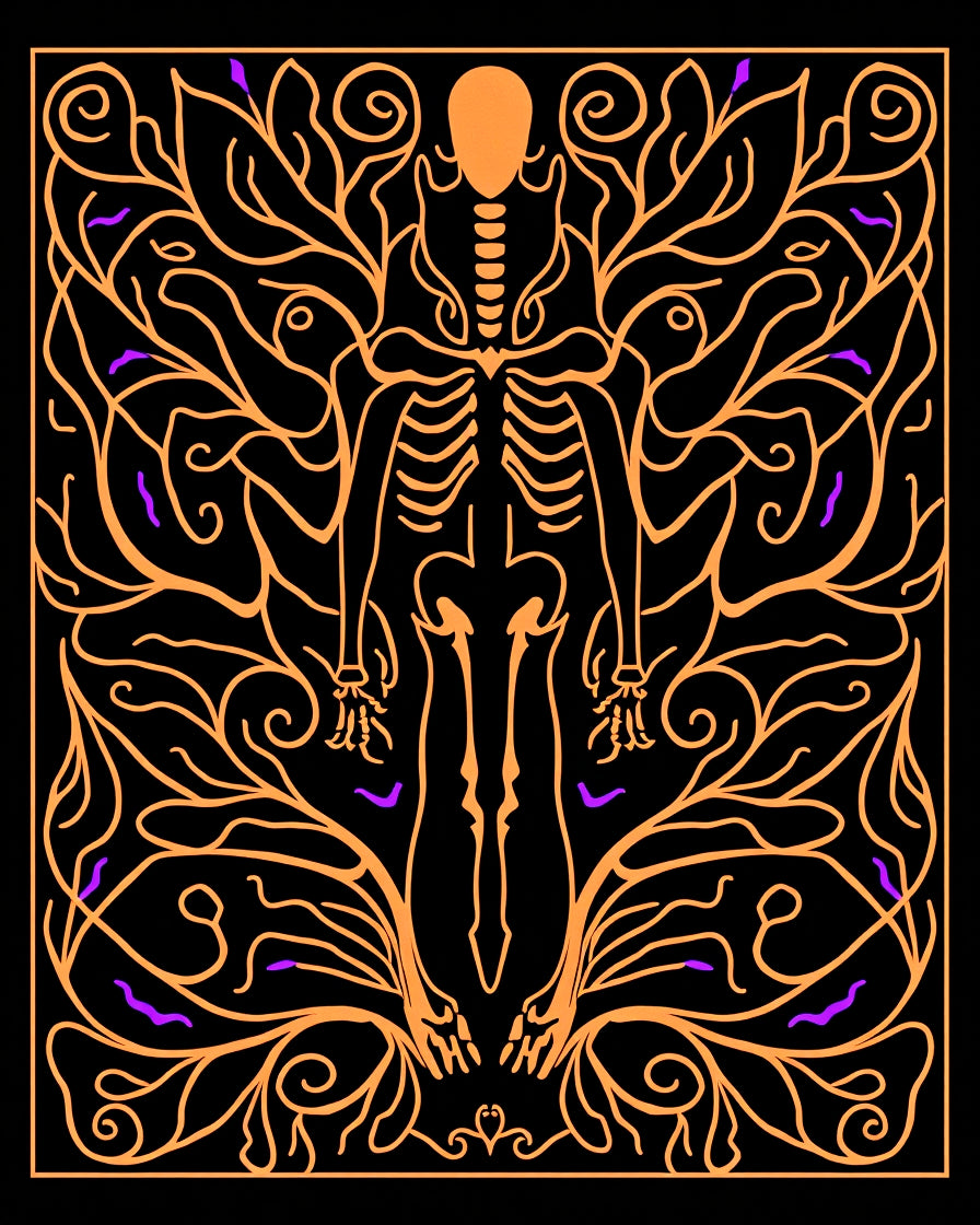 Orange Skeleton With Swirling Vines Rug