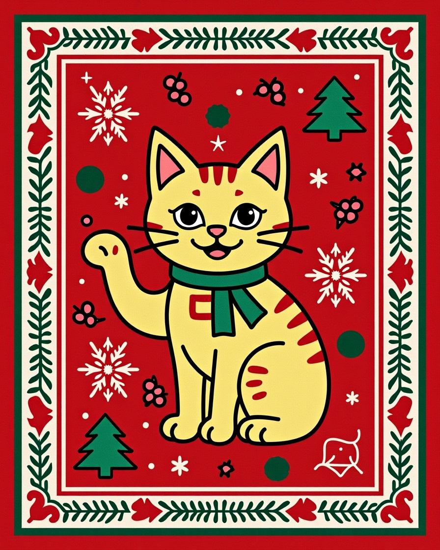 Charming Yellow Cat Christmas Floral Rug