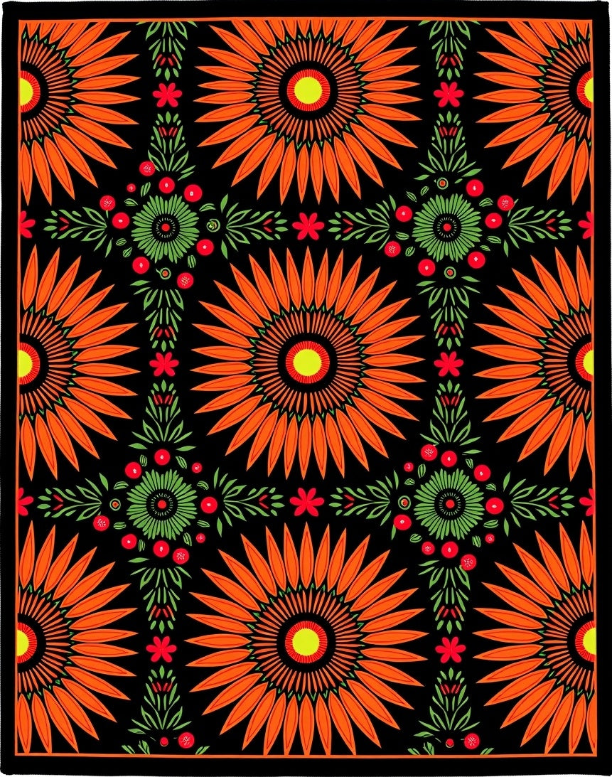 Bright Orange Sunburst Floral Arrangement Rug
