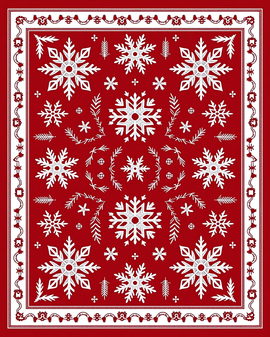 Crimson White Snowflake Winter Medallion Rug