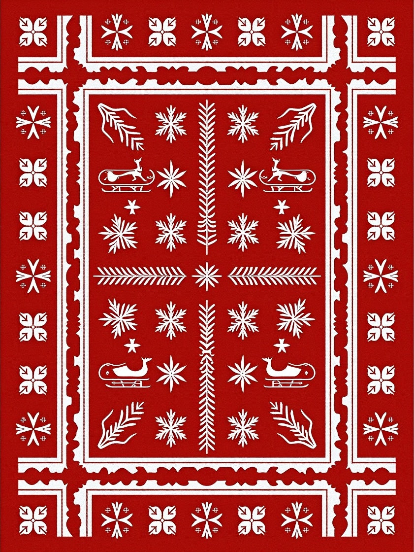 Crimson White Deer Sleigh Snowflakes Rug