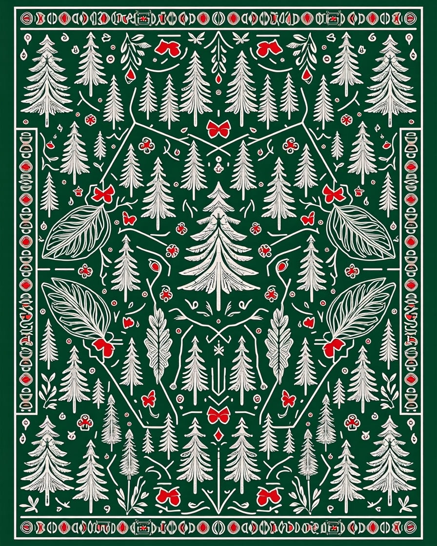 Forest Green White Pine Christmas Bows Rug
