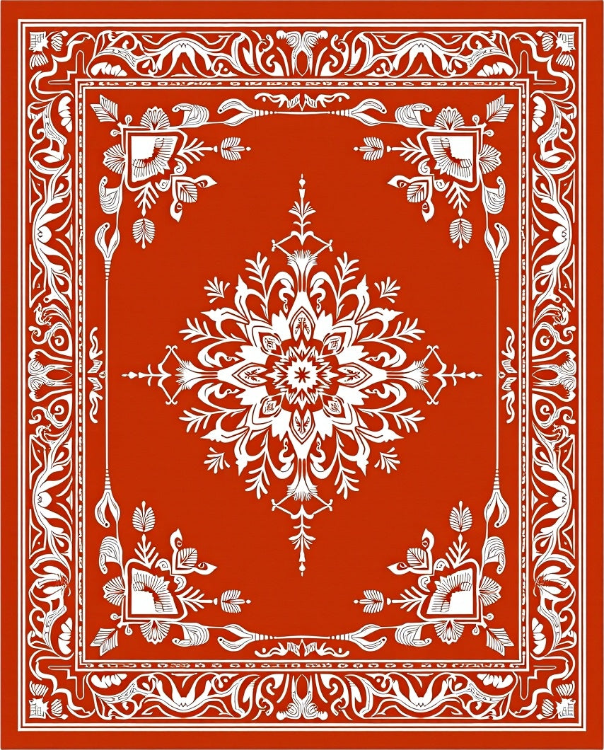 Rustic Red White Floral Medallion Rug
