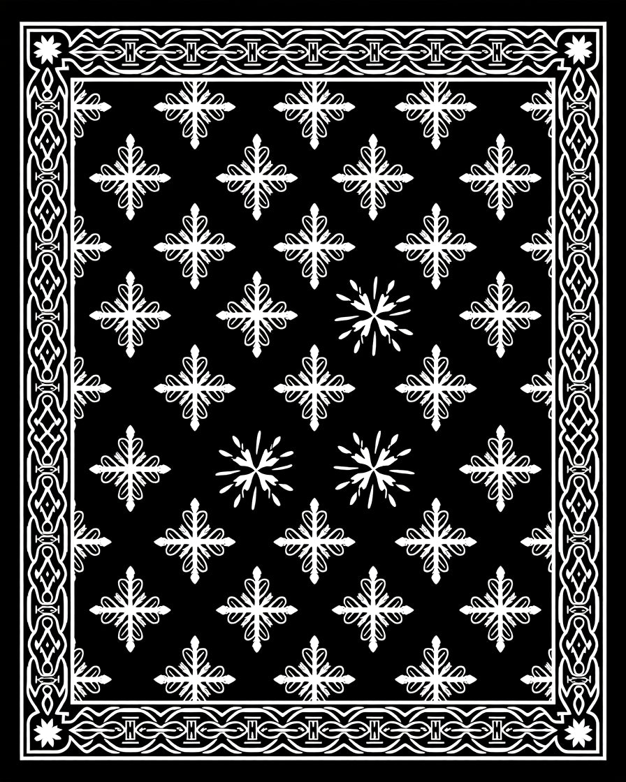 Black White Snowflake Border Medallion Rug