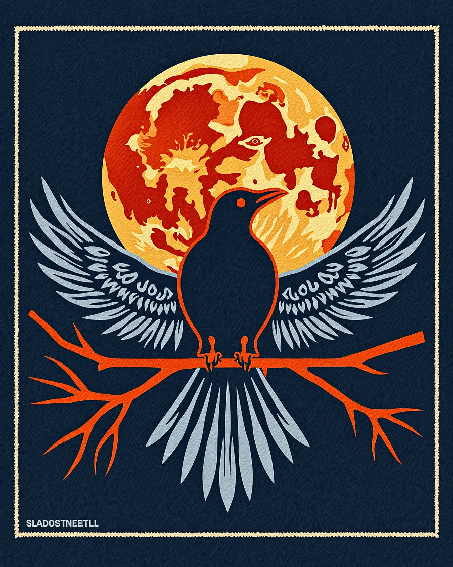 Dark Blue Raven Moon Orange Branch Rug