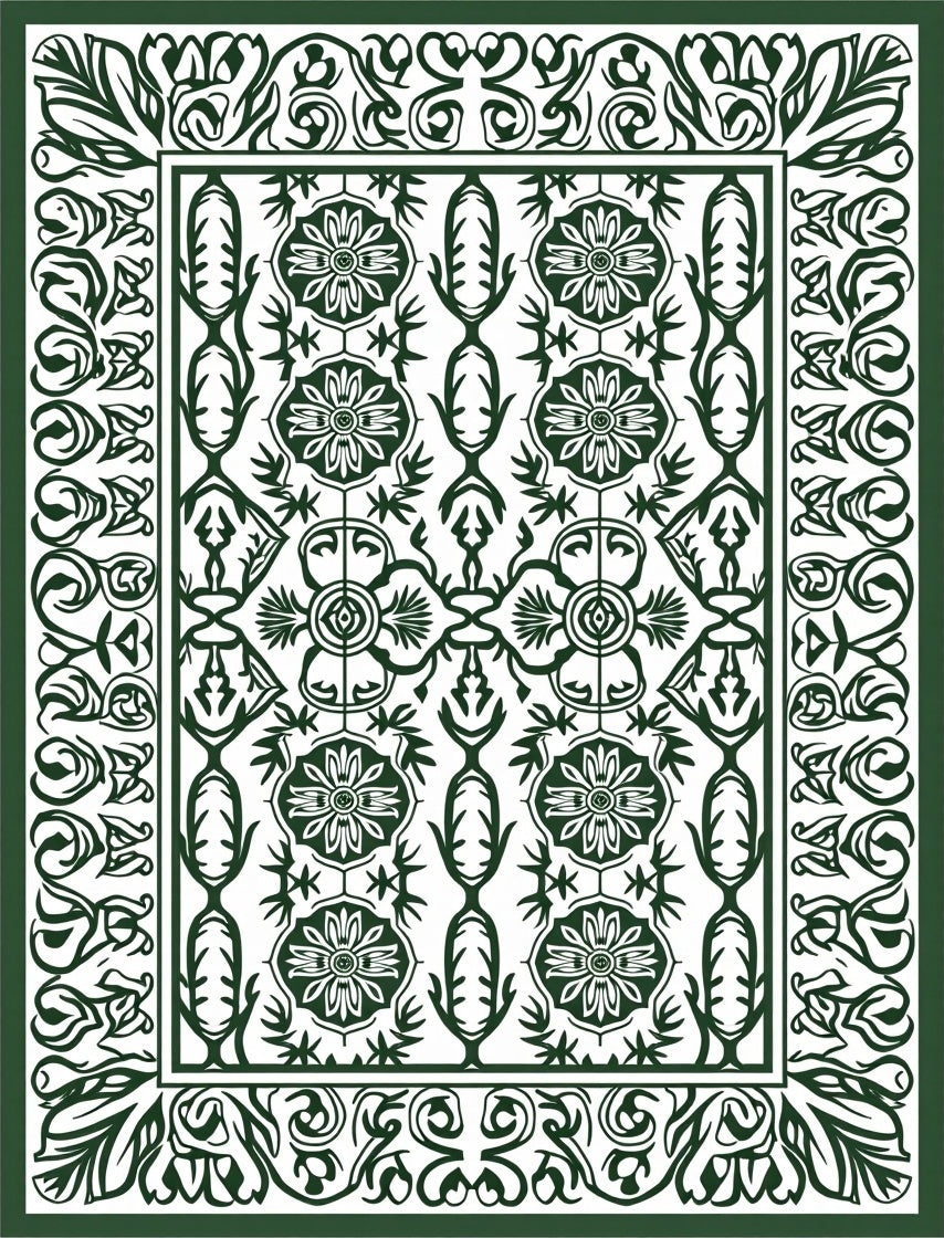 Dark Green Floral Medallion Border Rug