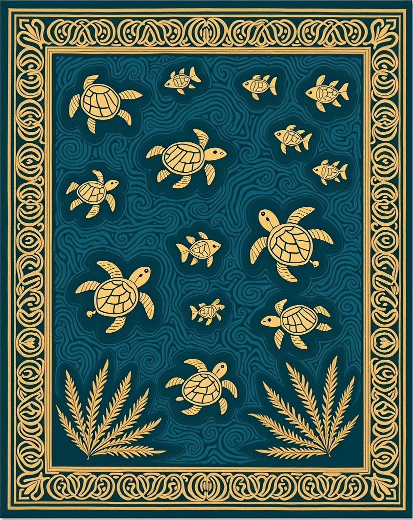 Golden Turtle Fish Ocean Border Rug