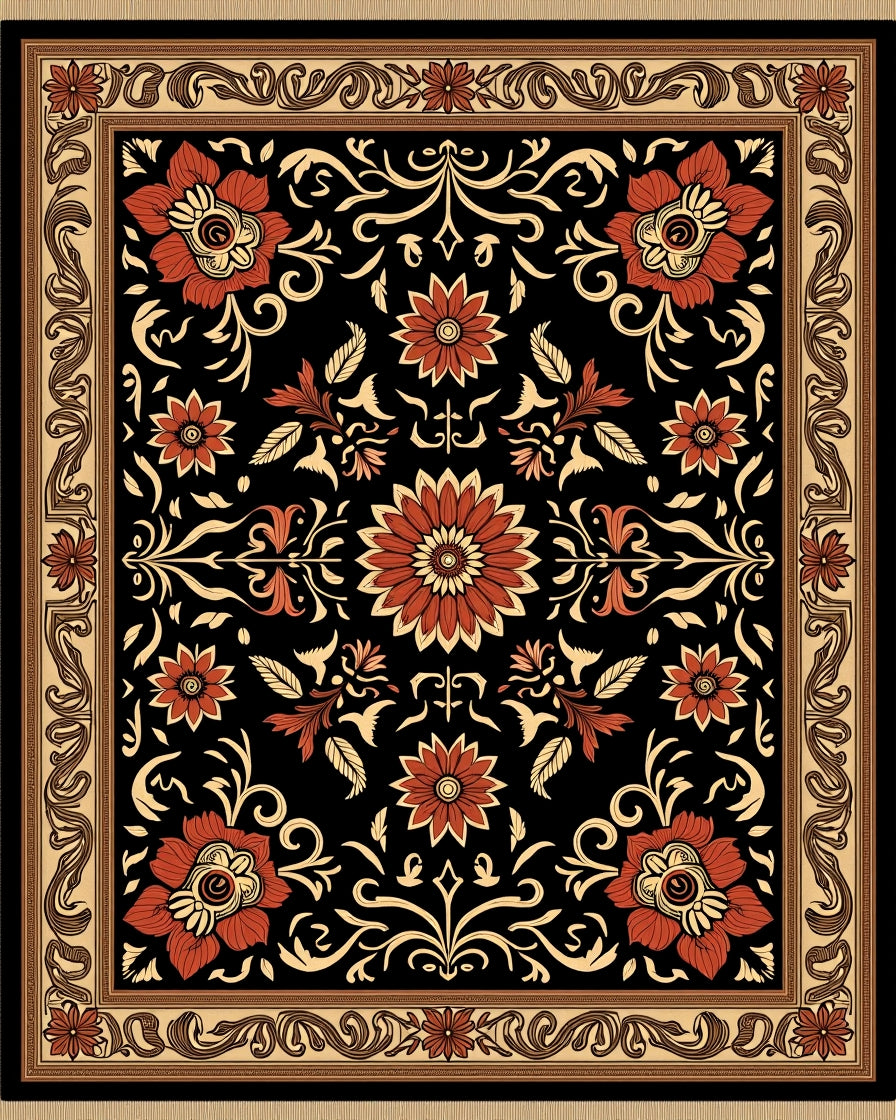 Crimson and Gold Floral Border Rug